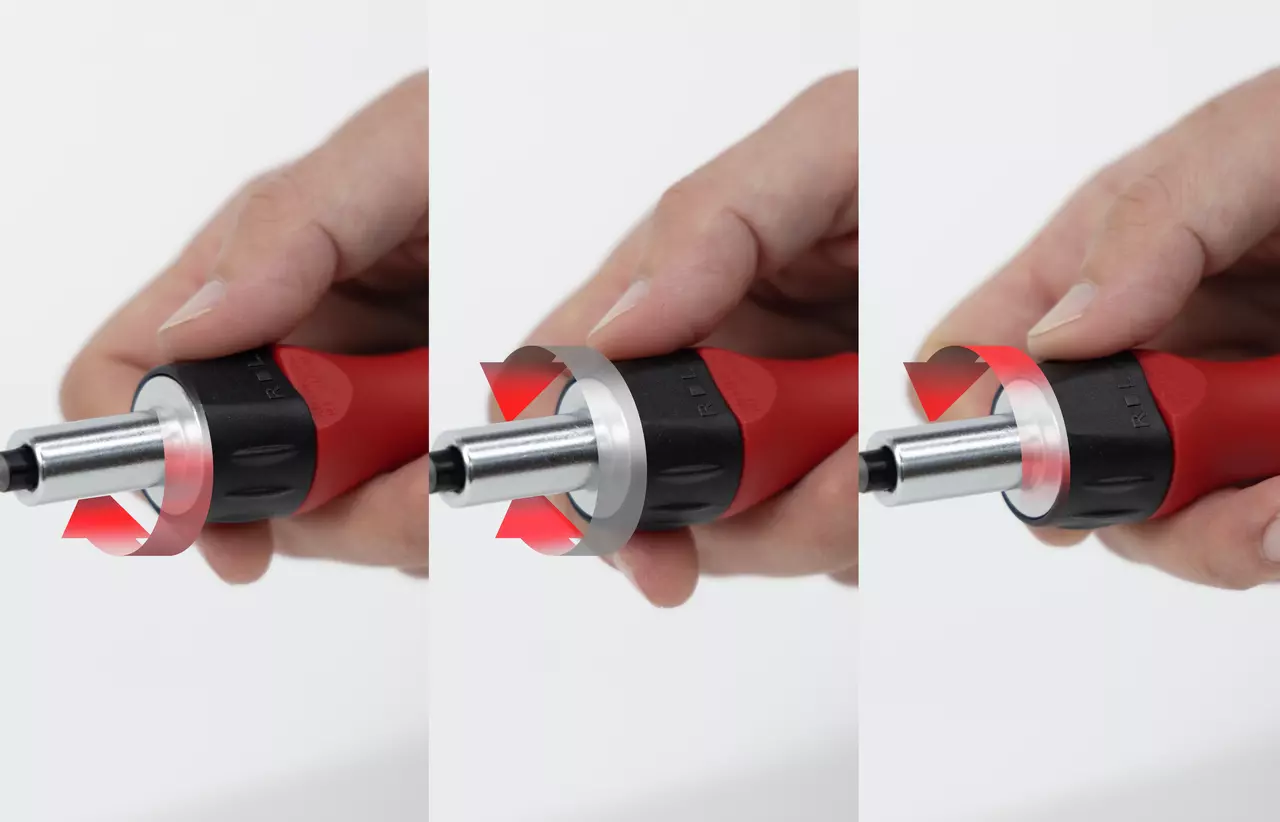 A hand holding a red and black ratchet screwdriver, showing rotation directions.