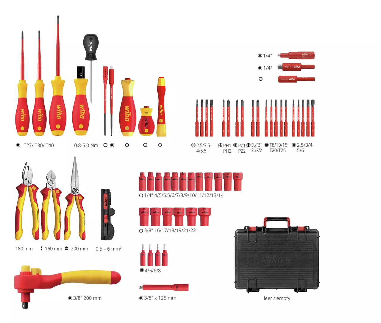Tool set with screwdrivers, pliers, bits, ratchet, and case, predominantly red and yellow