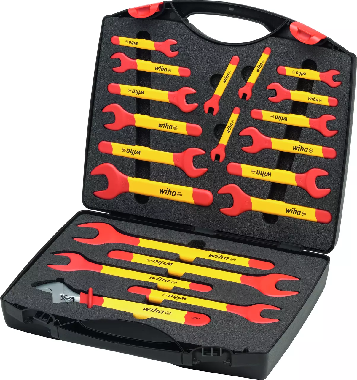Insulated wrench set in a black case with red and yellow handles.
