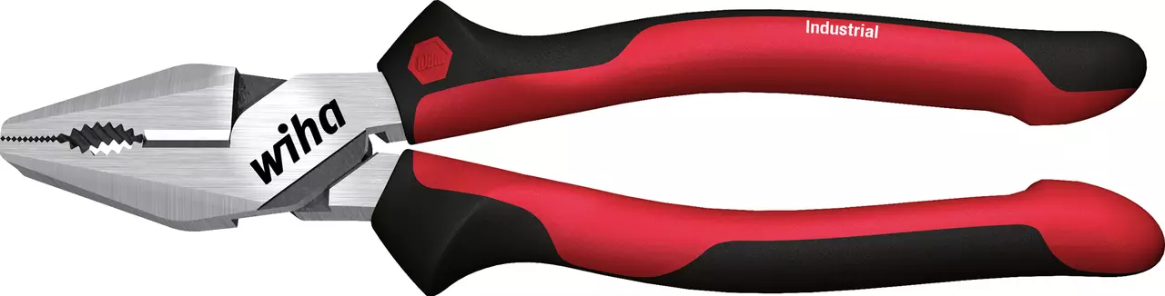 Red and black combination pliers with serrated jaws and insulated handles.