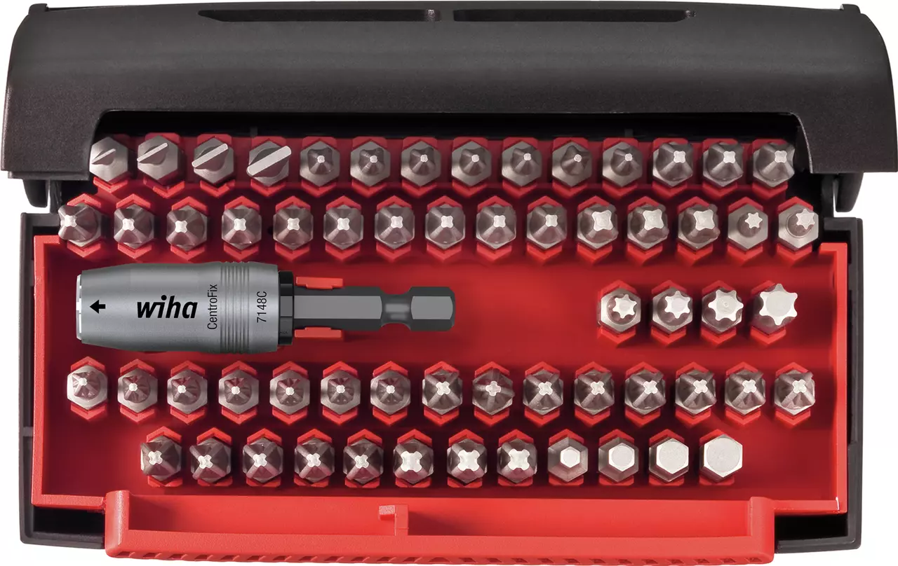 61-piece bit set in a black and red case with various metal bits and a bit holder.
