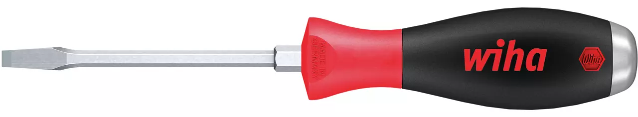 Screwdriver with red and black handle and flat metal tip.