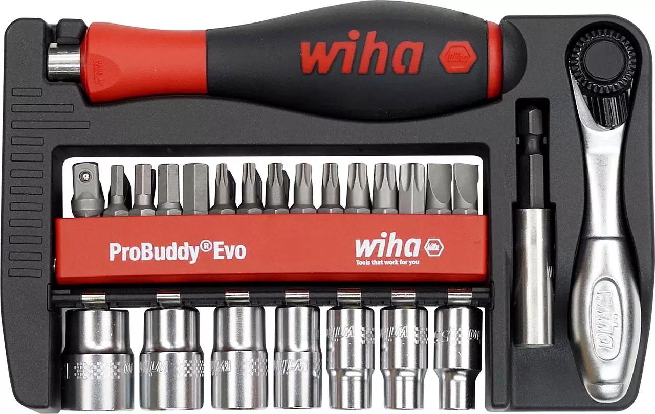 Tool set with screwdriver, multiple bits, sockets, and a ratchet handle in a red and black case.