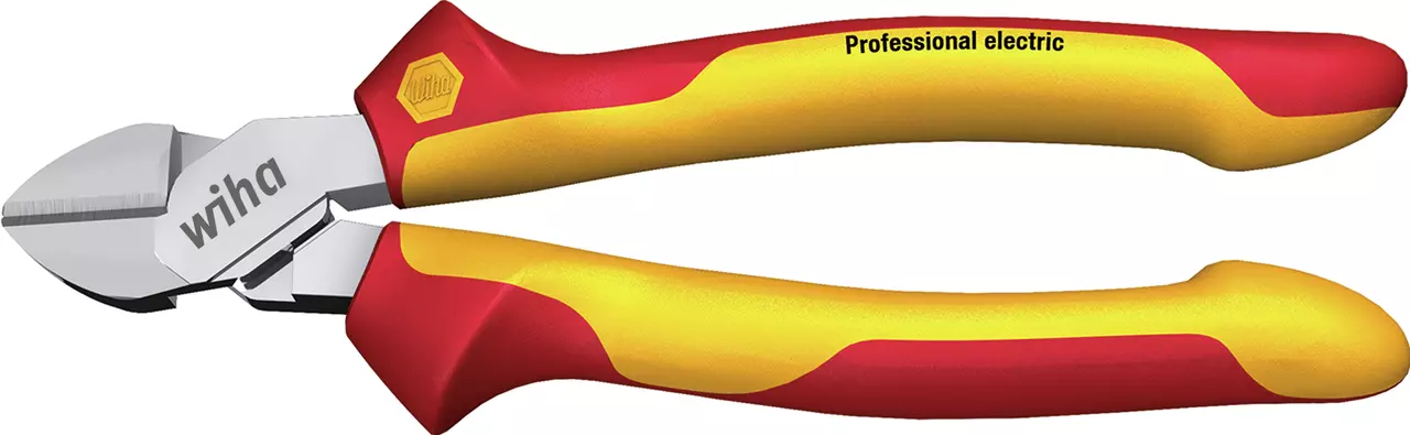 Red and yellow insulated side cutter with metallic jaws, labeled "Professional electric."