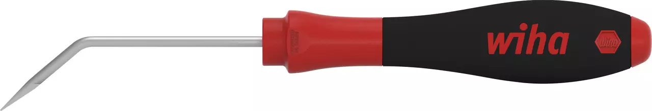 Red and black handle tool with a curved metal tip.