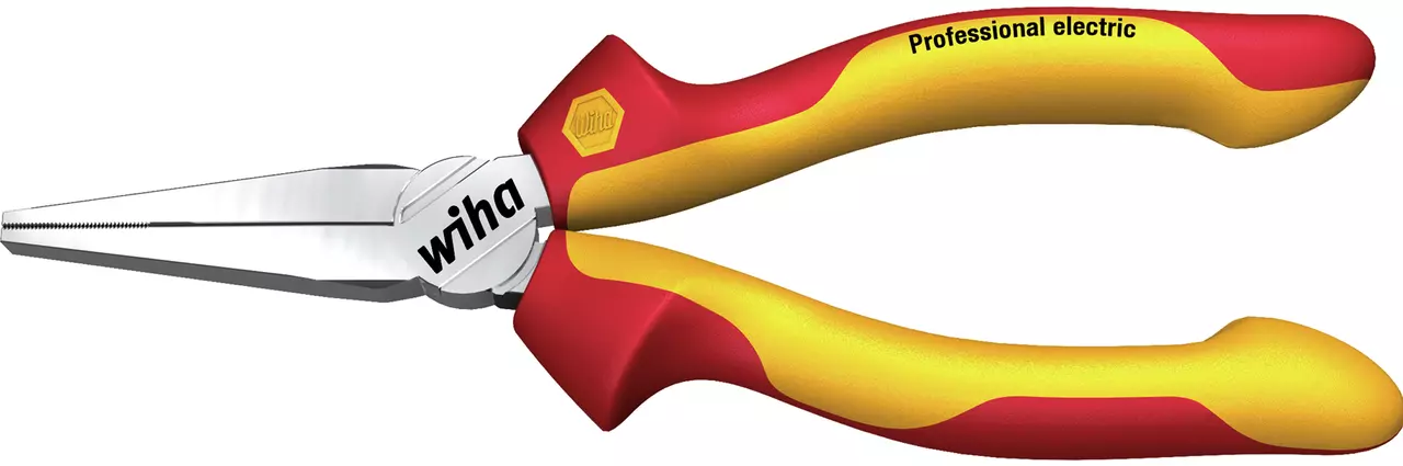 Long-nose pliers with red and yellow insulated handles.