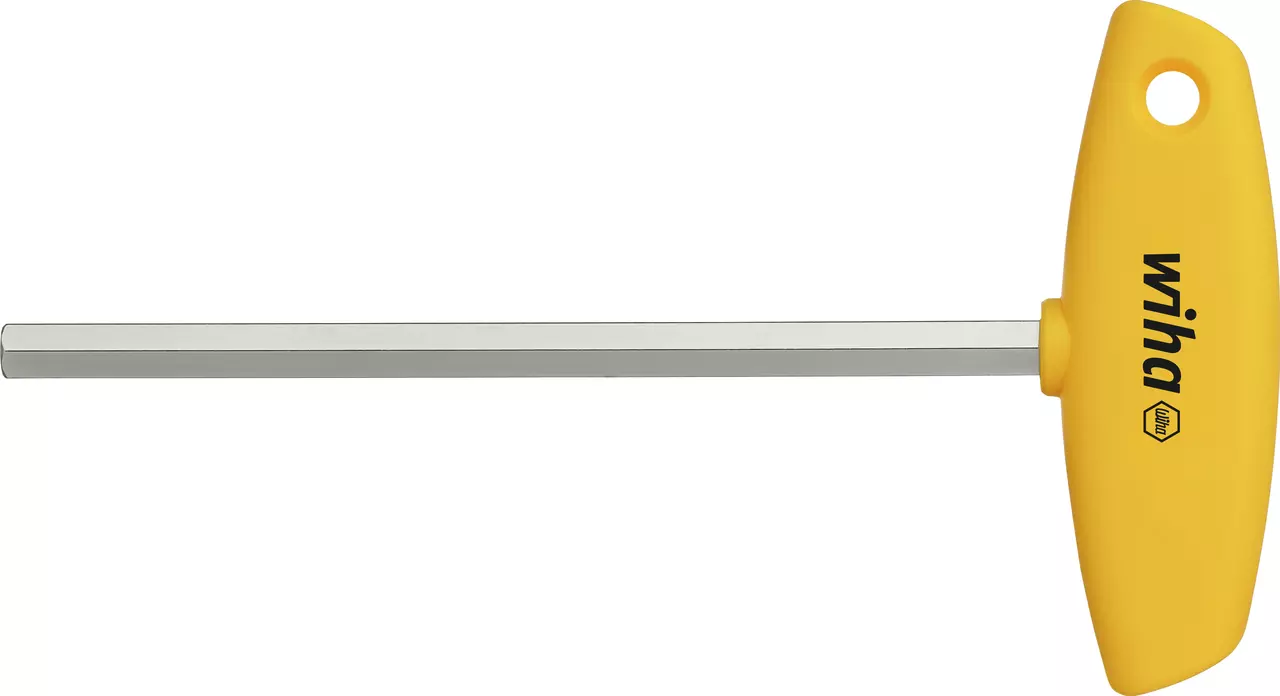 Hex key with yellow T-handle, long metal shaft