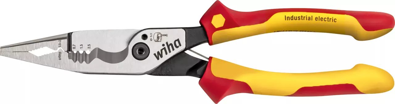Electrical pliers with red and yellow handles, silver cutting edge, and hole openings for stripping.