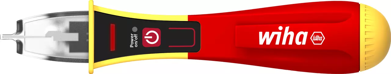 Red and yellow non-contact voltage detector with power button and clip.