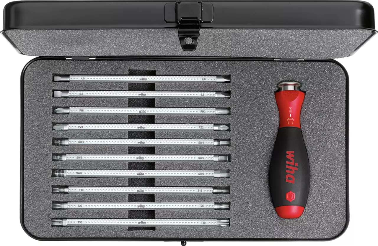 Set of interchangeable screwdriver bits and handle in a black case.