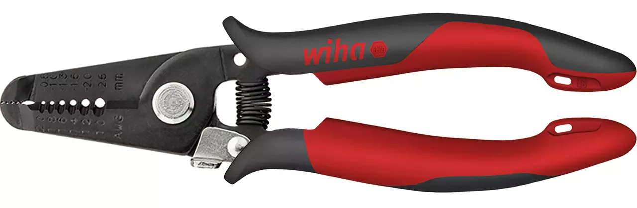 Electronic wire stripping pliers with red and black handles.