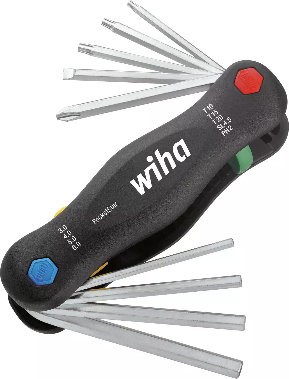 Folding multi-tool with various screwdriver bits extended from a black handle.