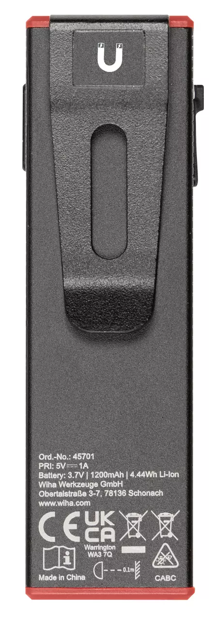 Black handheld device with red ends, featuring a clip and various technical markings on the back.