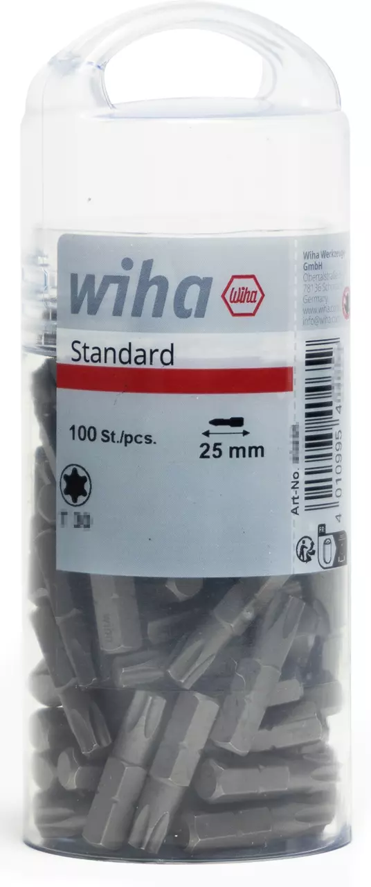 Container of Torx bits, 100 pieces, 25 mm, with a transparent lid and label displaying brand and specifications.