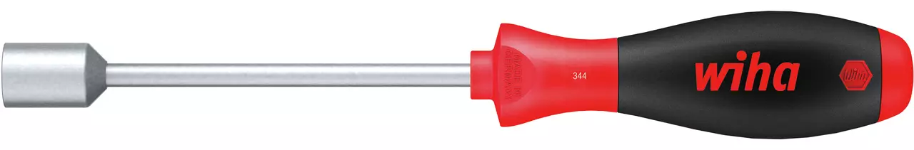 Screwdriver with black and red handle and metal shaft.