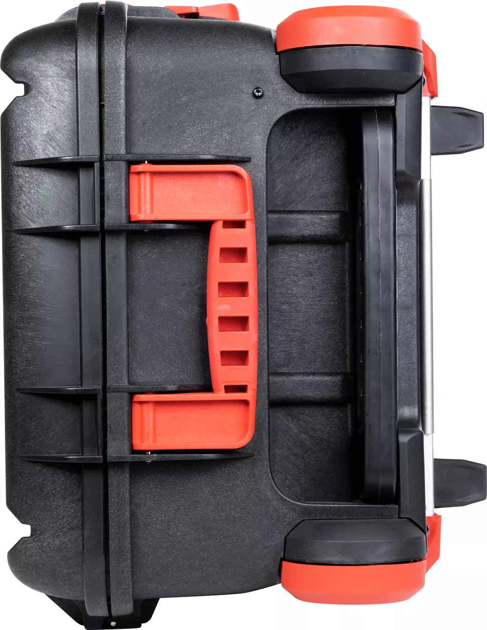 Black tool case with red accents, wheels, and a handle, viewed from the side.