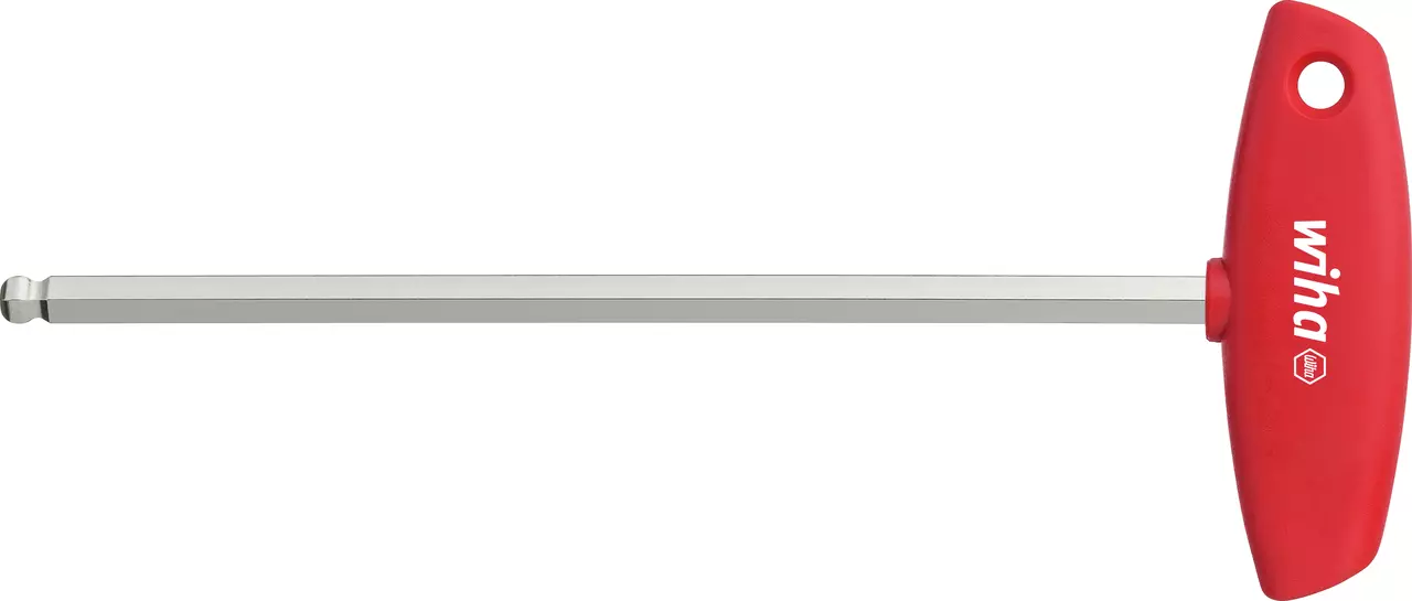 T-handle hex key with red grip and long silver shaft.