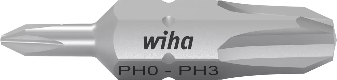 Double-ended screwdriver bit with PH0 and PH3 tips, metallic color.