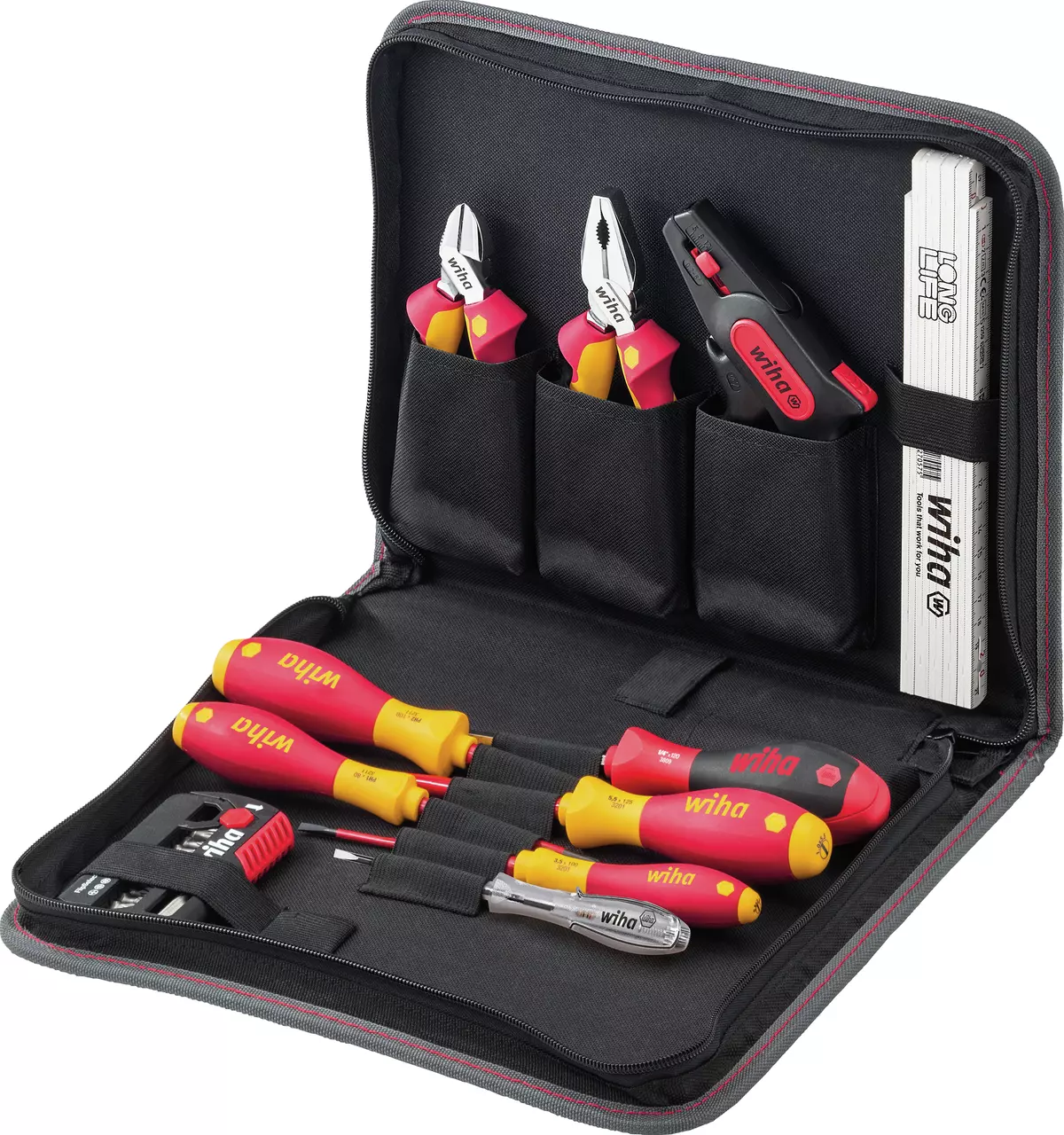 Electrician tool set in a black case with screwdrivers, pliers, and a folding ruler.