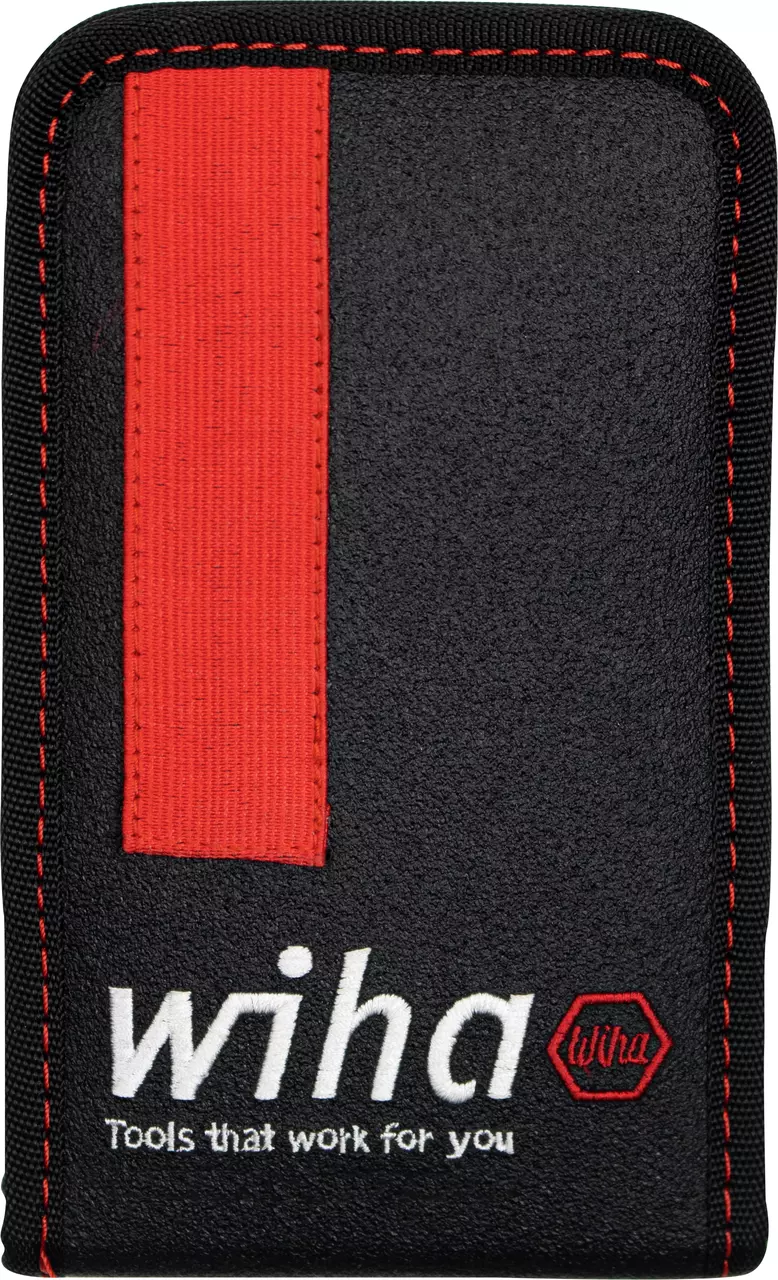 Black tool pouch with red stitching and logo