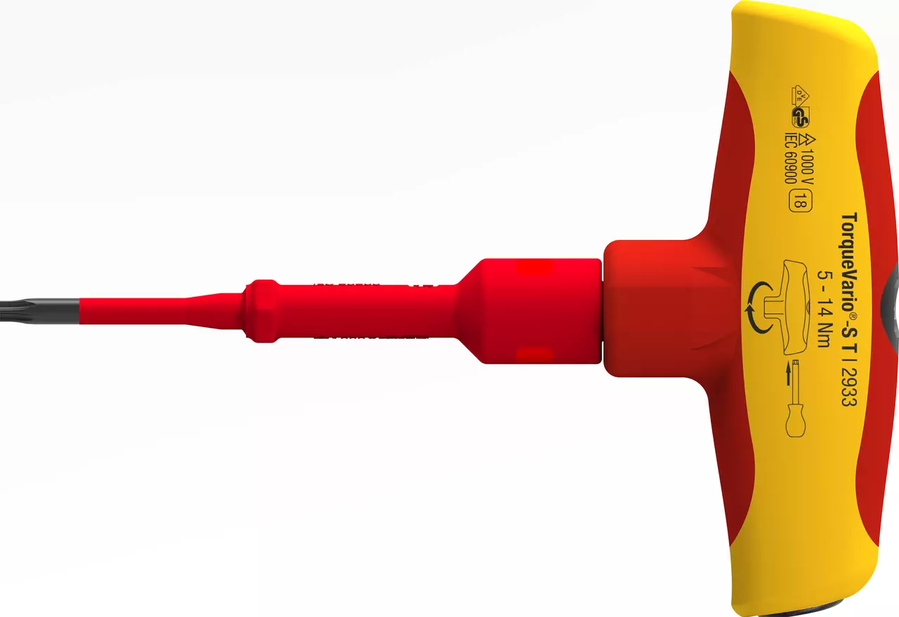 Red and yellow torque screwdriver with T-handle, marked 5-14 Nm.