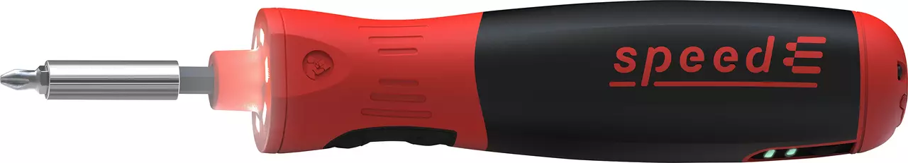 Black and red electric screwdriver with a metallic tip.