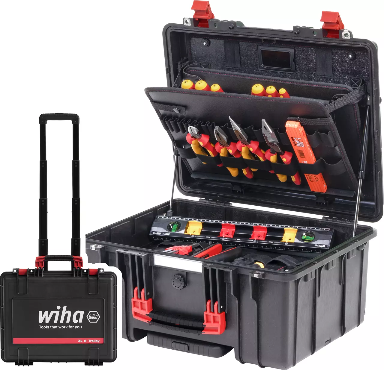 Black trolley tool case with various hand tools inside, including pliers and screwdrivers.