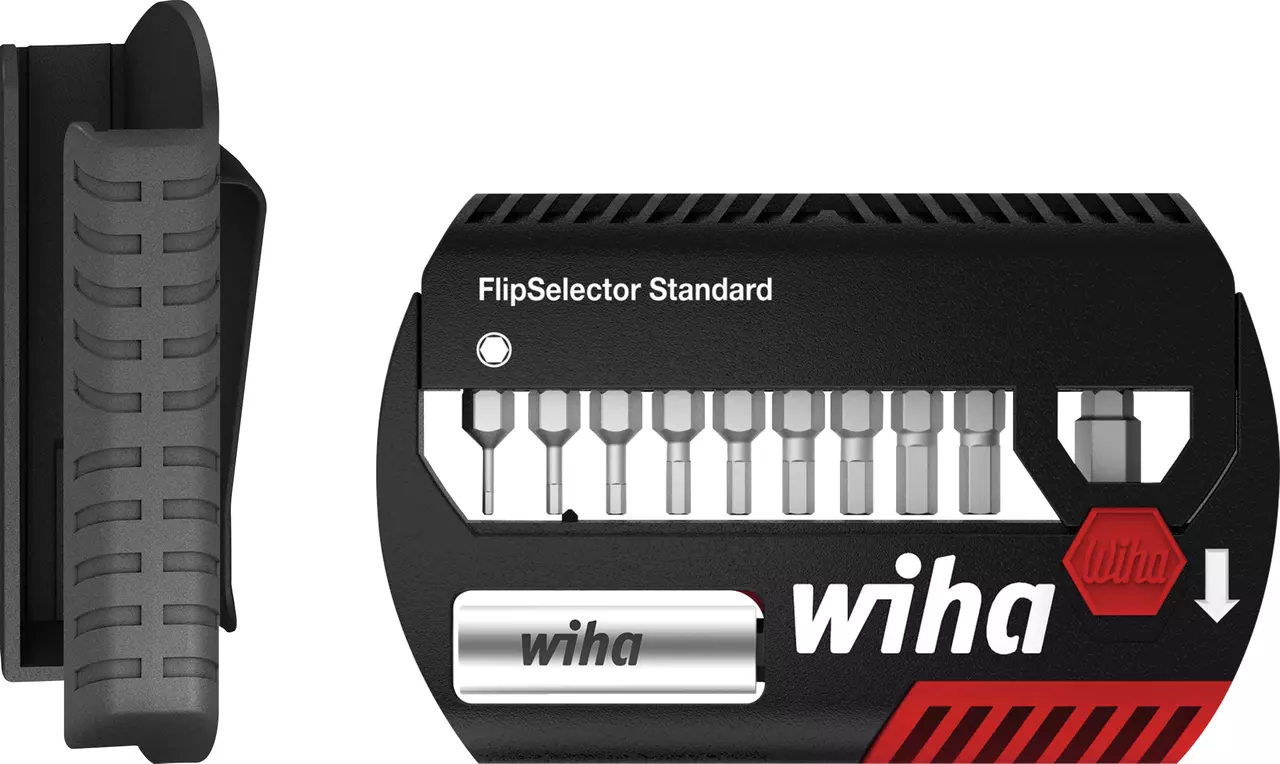 Black and red tool set with multiple bits and a belt clip.