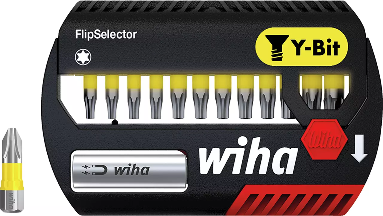 Black FlipSelector case with yellow Torx bits, labeled "Y-Bit" and "wiha." One bit shown separately.