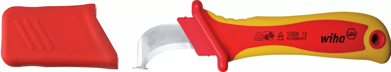 Stripping knife with red and yellow handle and red safety cap beside it.
