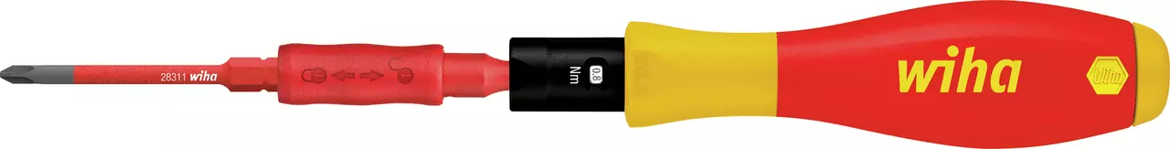 Red and yellow torque screwdriver with an insulated handle and interchangeable blade.