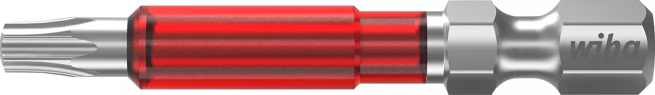Red and silver Torx bit with hexagonal base and engraved brand logo.