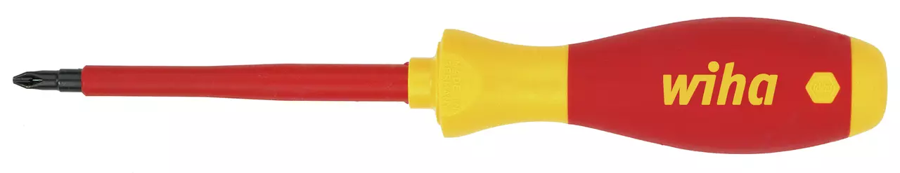 Red and yellow insulated screwdriver with a Phillips head.