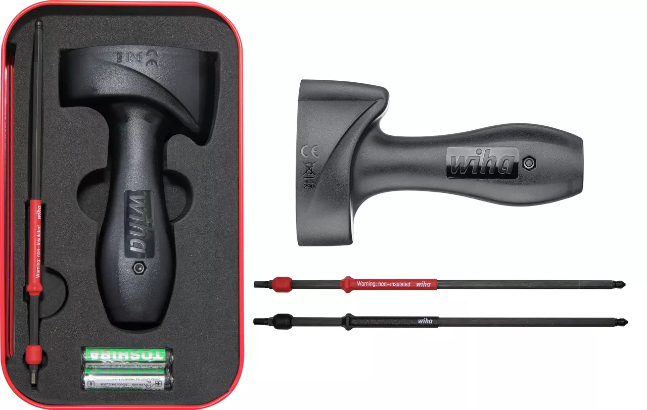 Torque tool set with black handle, two rods, and batteries in a red case.