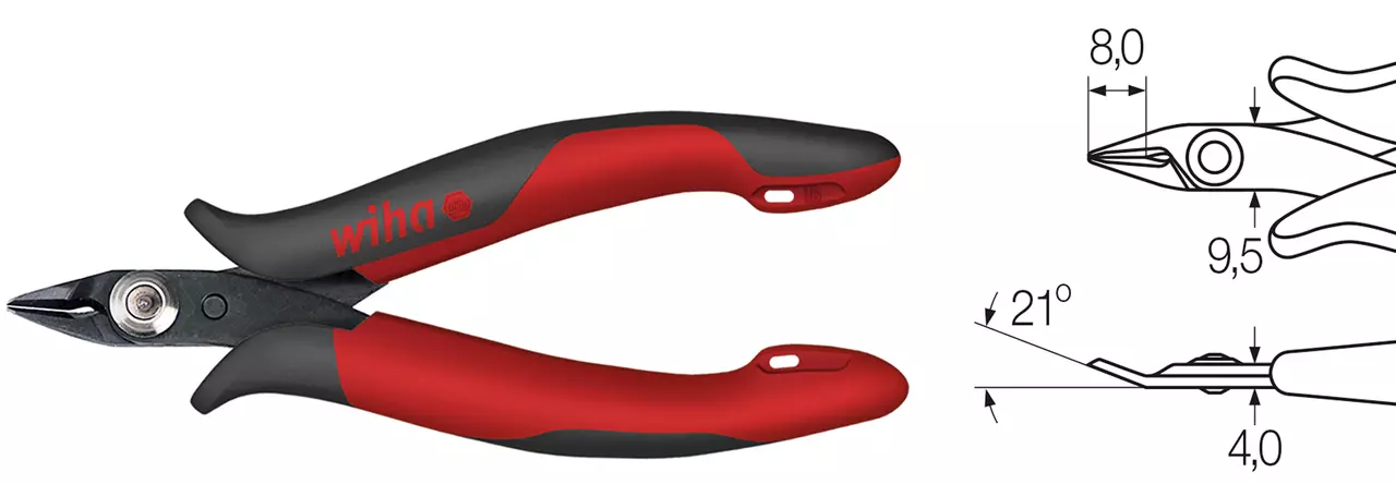 Red and black side cutter pliers with technical drawing showing dimensions.