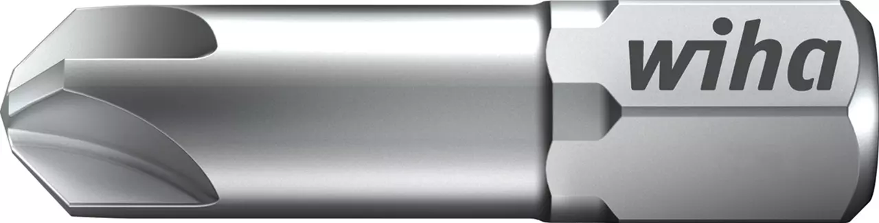 Silver screwdriver bit with Phillips head, marked "wiha"