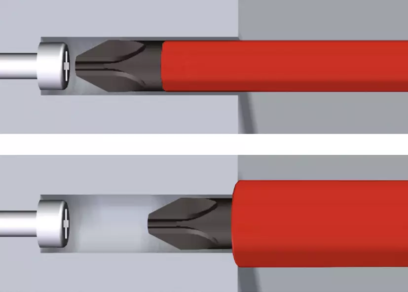 Cross-section of a screwdriver with red handle and metal tip