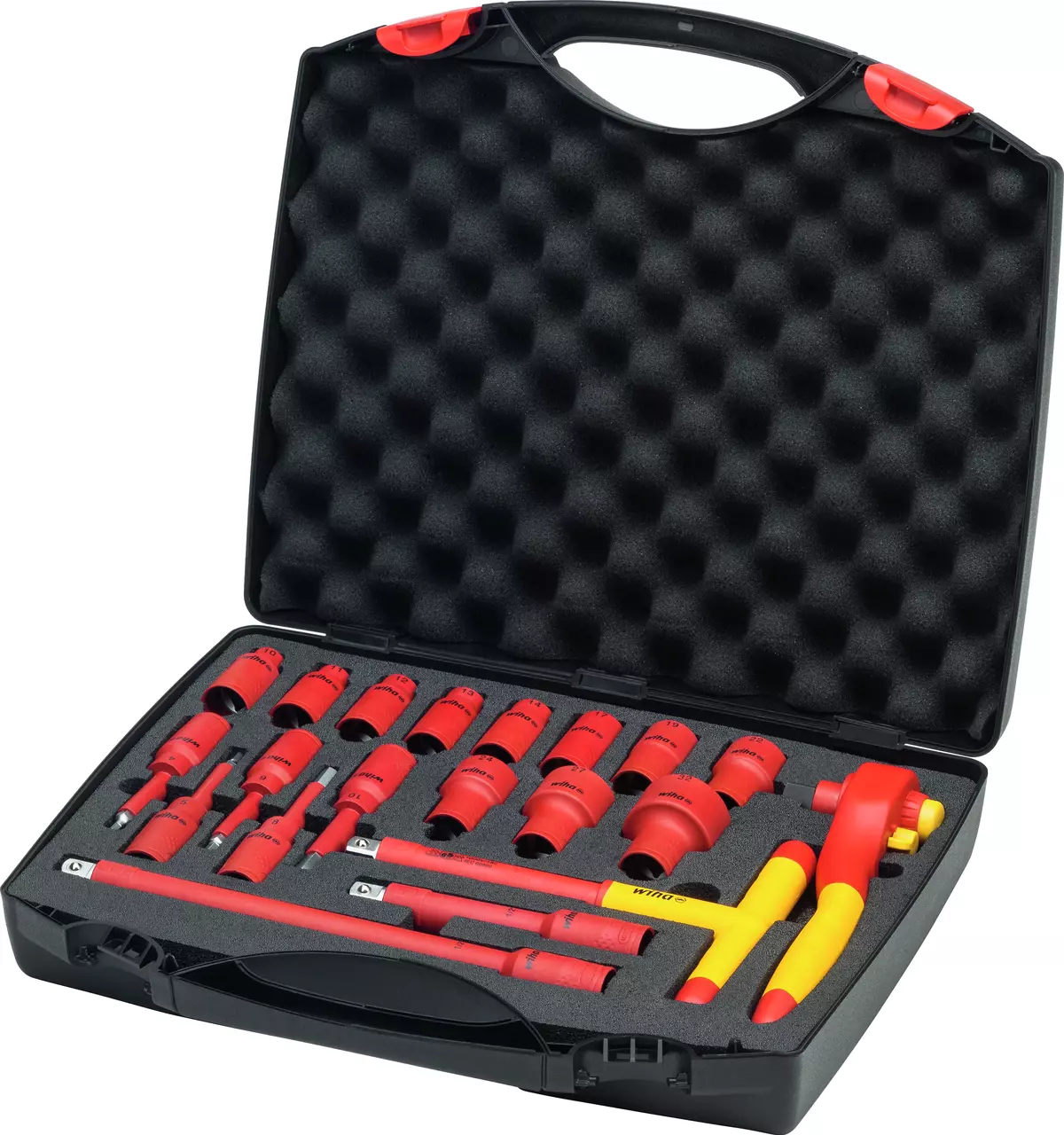 Red and yellow insulated tool set in black foam-lined case.