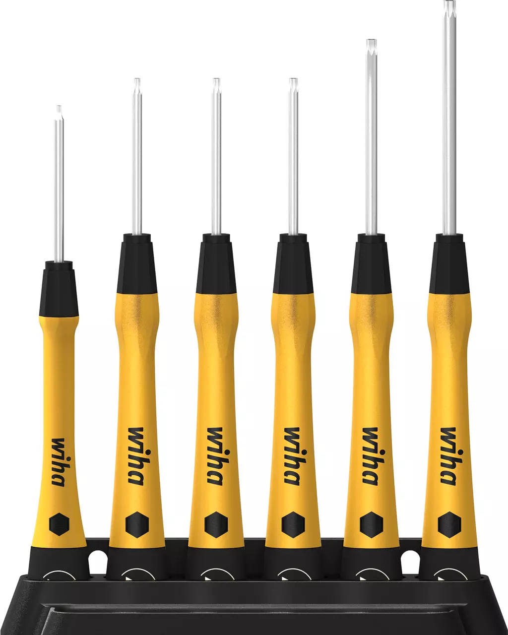 Set of six precision screwdrivers with yellow and black handles in a stand