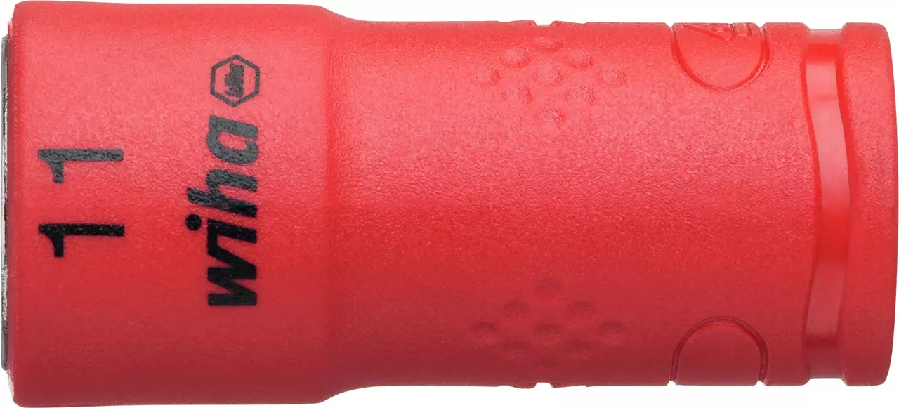 Red insulated socket wrench adapter with black text