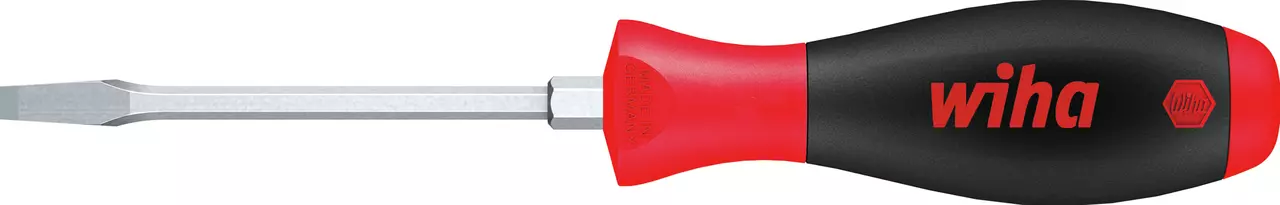 Flathead screwdriver with red and black handle, hexagonal shaft