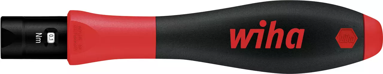 Black and red torque screwdriver handle with "wiha" logo and Nm scale.