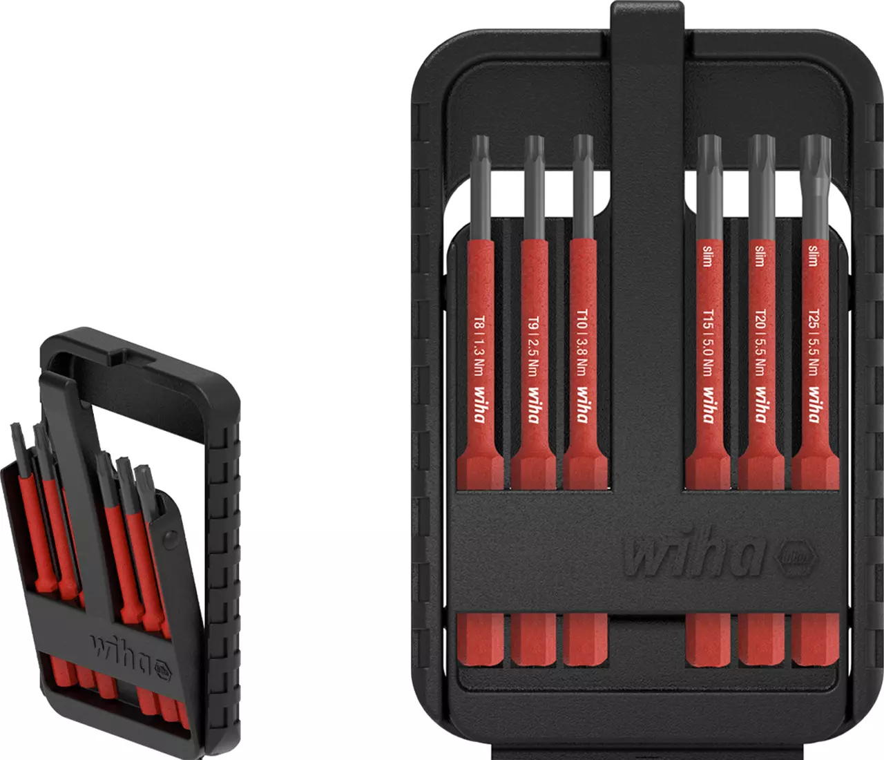 Black and red slim bit set in a compact, rectangular case with multiple bits visible.