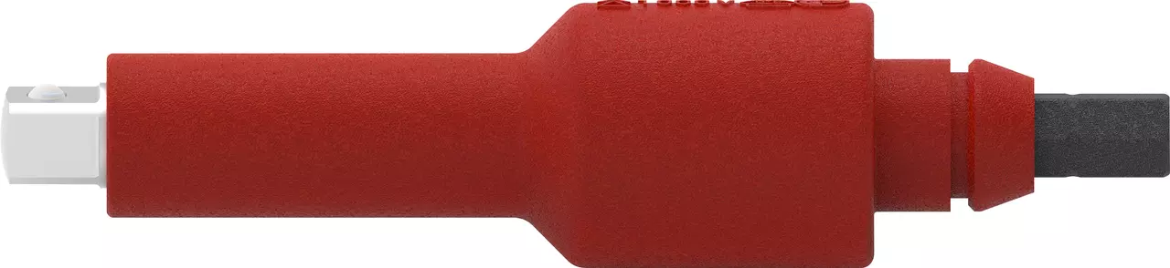 Red and gray tool adapter with a cylindrical shape.