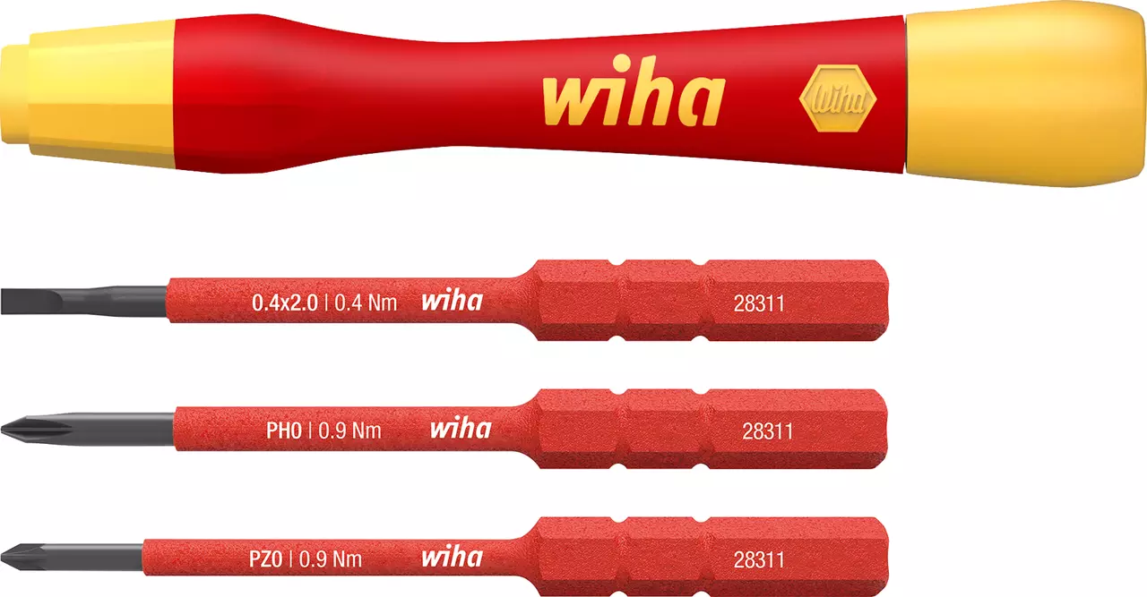 Red and yellow precision screwdriver handle with three red interchangeable bits.