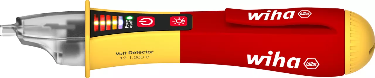 Non-contact voltage detector with LED indicators and red-yellow handle.