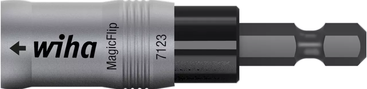 Magnetic bit holder with metal finish and hexagonal tip.