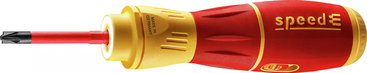 Red and yellow electric screwdriver with "speedE" branding.
