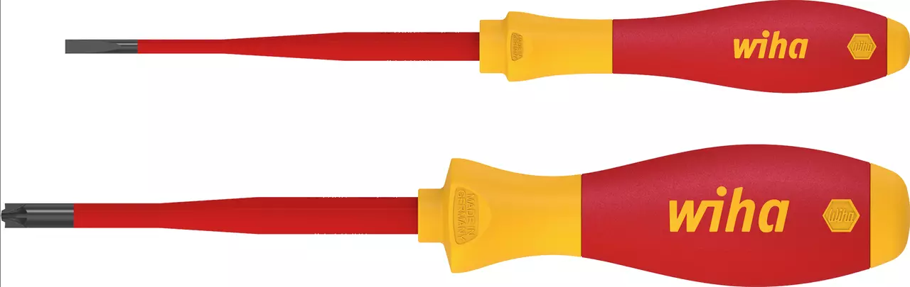 Red and yellow insulated screwdrivers with flat and Phillips tips.