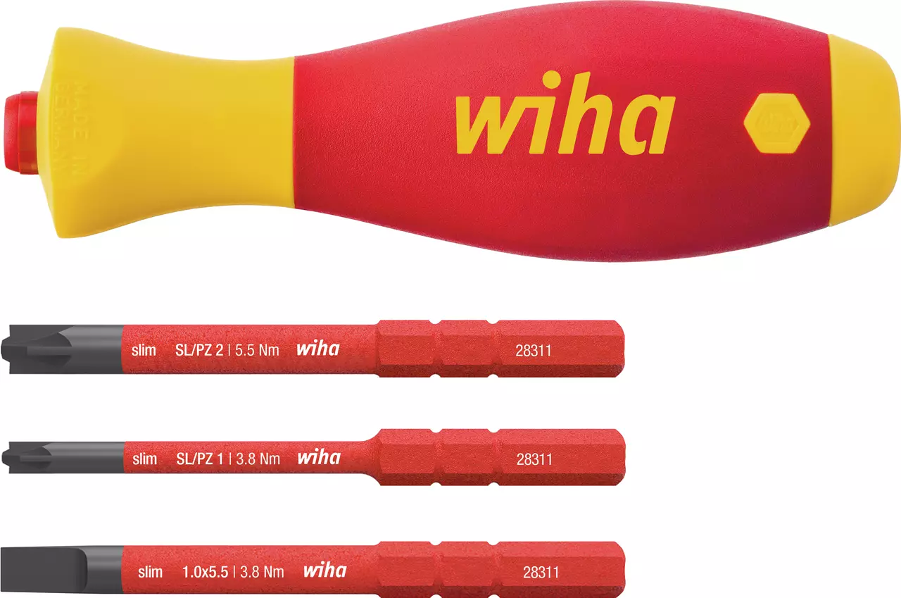 Red and yellow handle with three slim screwdriver bits below.